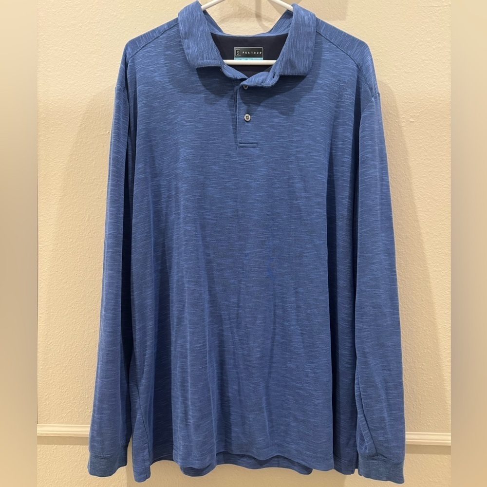 PGA Tour Men's XL Heathered Blue Polo Golf Long Sleeve Athletic Shirt